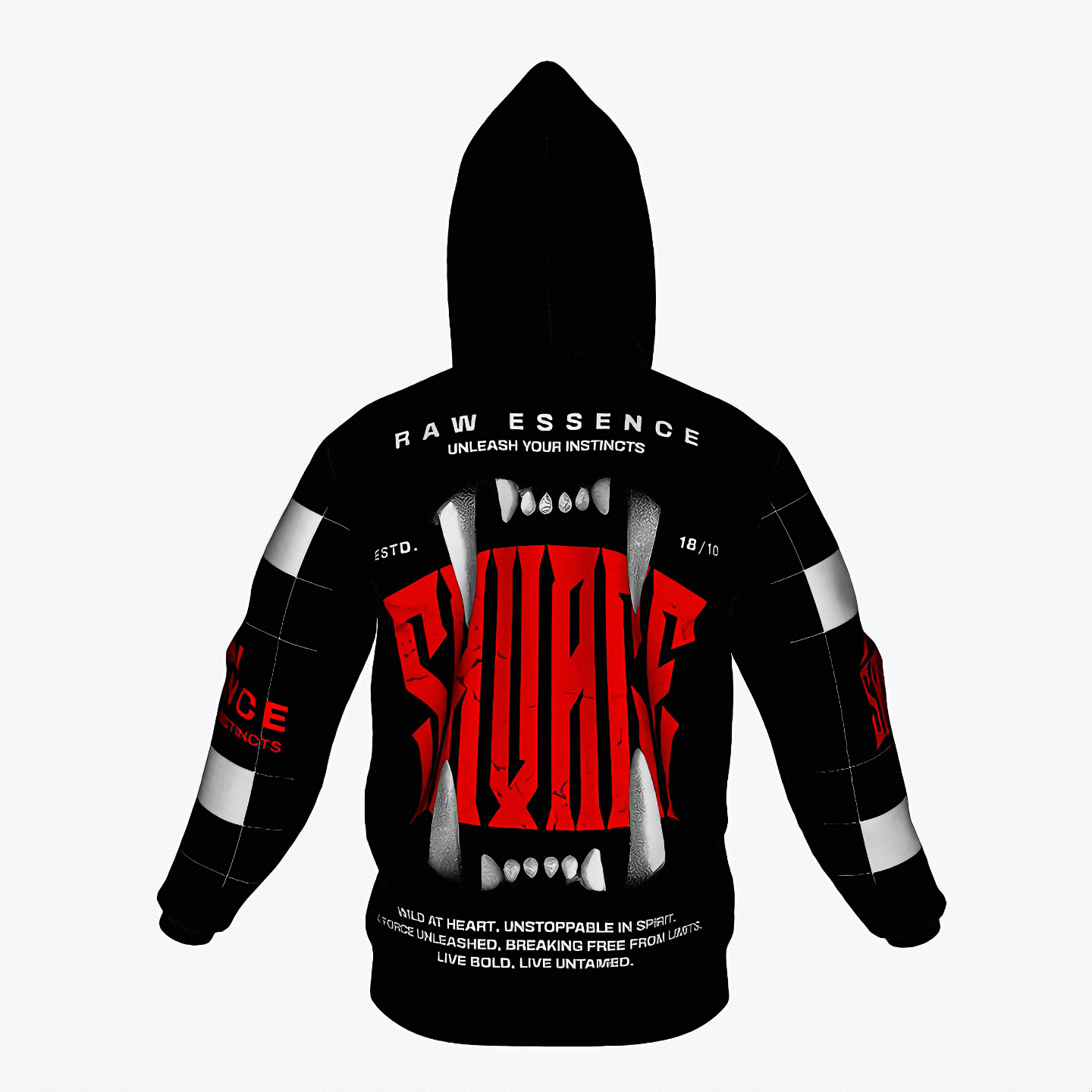 Back view of NOK Savage hoodie featuring a striking red "Savage" design with fang graphics and motivational message.