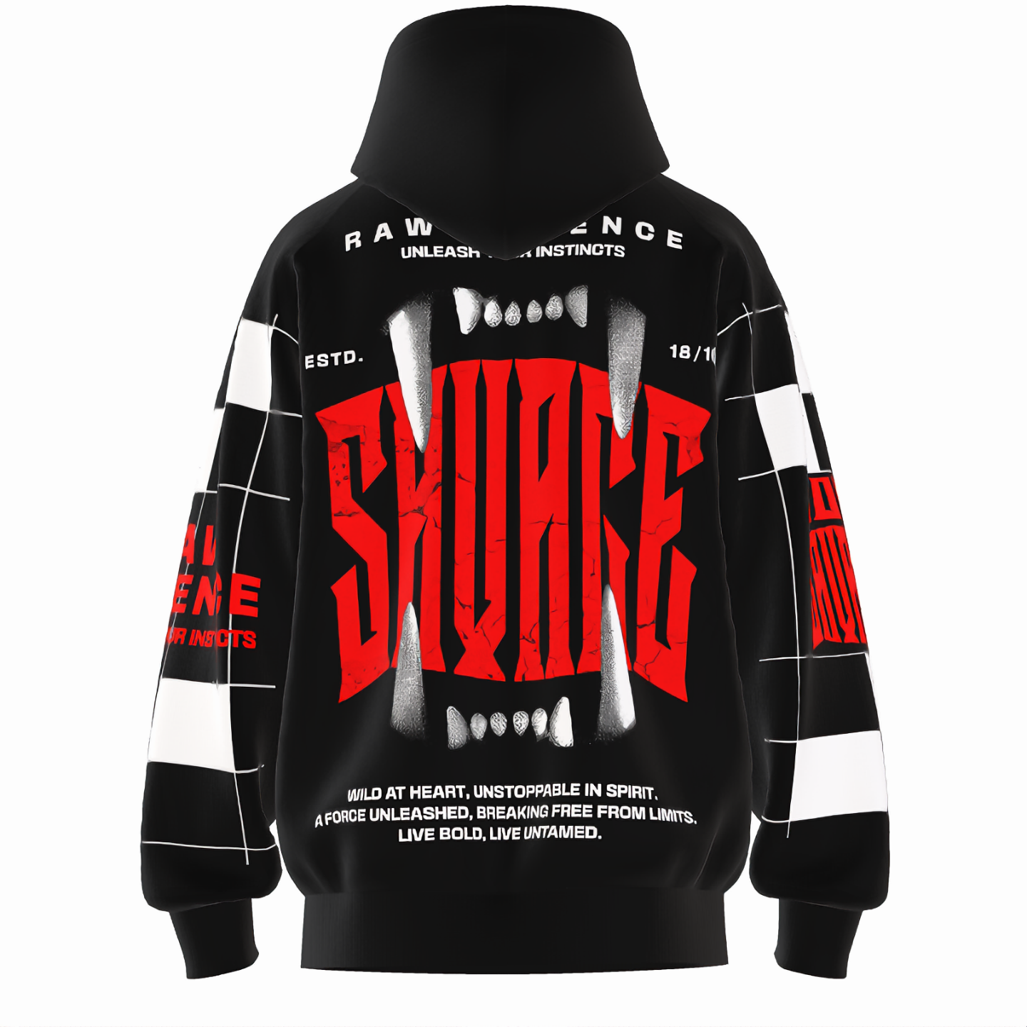 Back view of NOK Savage hoodie featuring a striking red "Savage" design with fang graphics and motivational message.