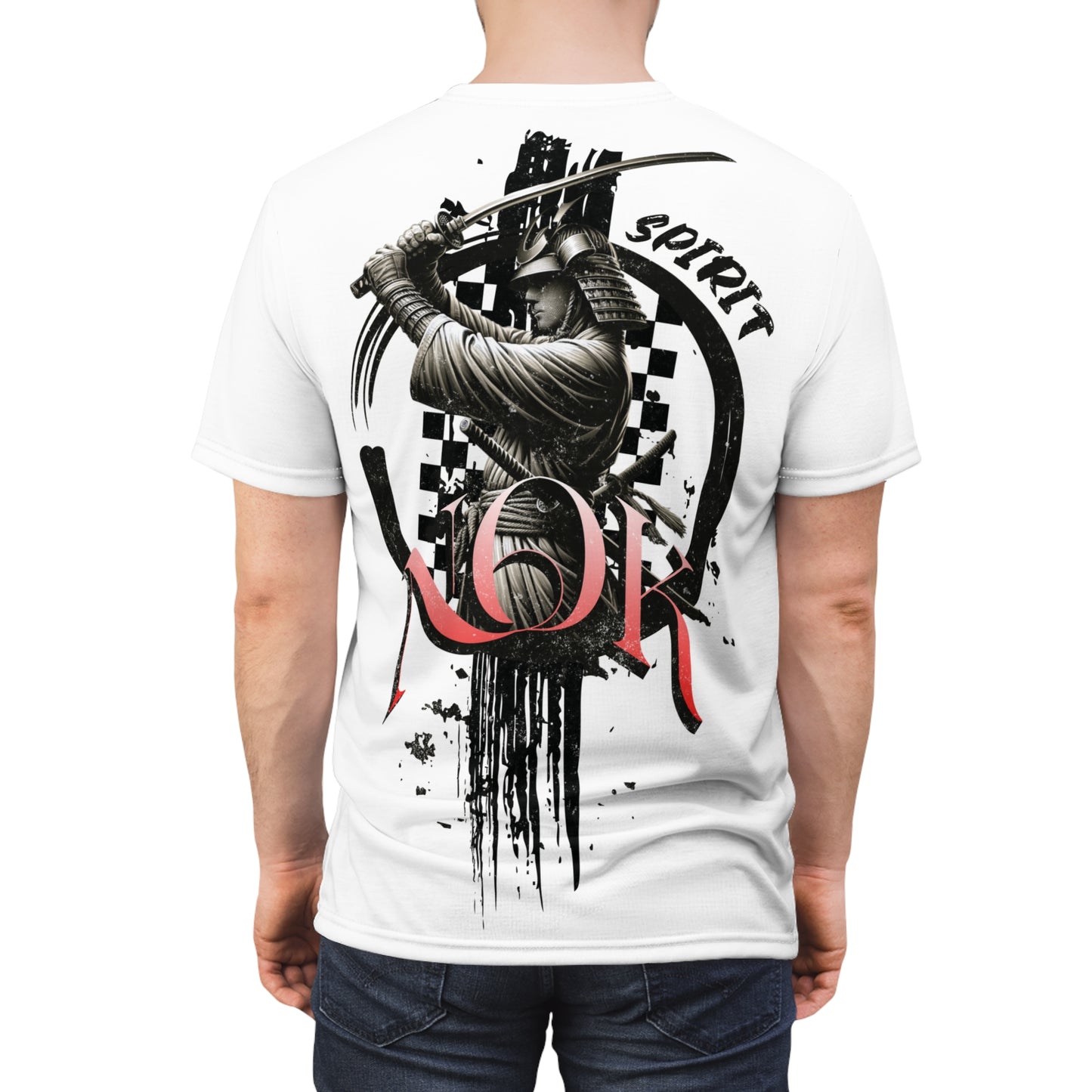 Back of NOK Spirit T-Shirt featuring samurai warrior design and SPIRIT text