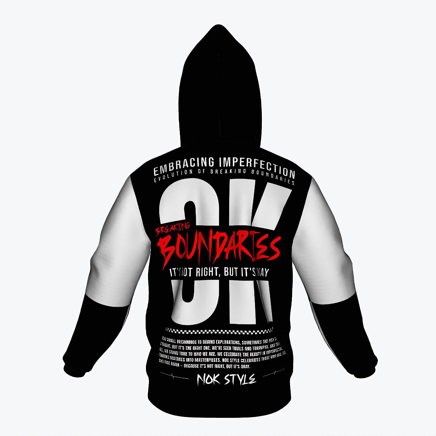 Back view of NOK Style Adult Hoodie showcasing bold red typography with the message "Breaking Boundaries."