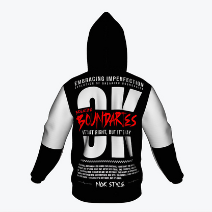 Back view of NOK Style Adult Hoodie showcasing bold red typography with the message "Breaking Boundaries."
