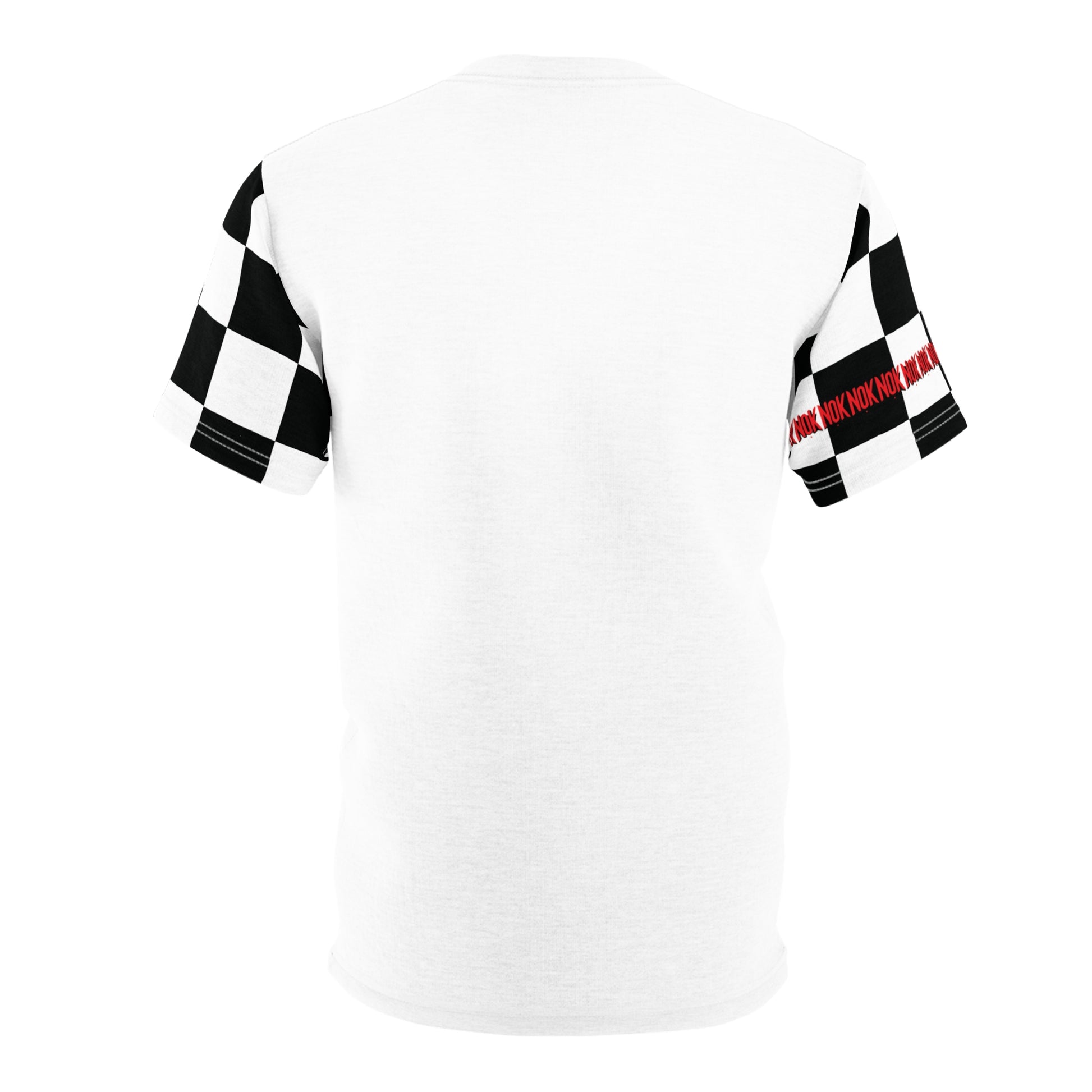Back view of NOK T-shirt with bold checkered sleeve design.