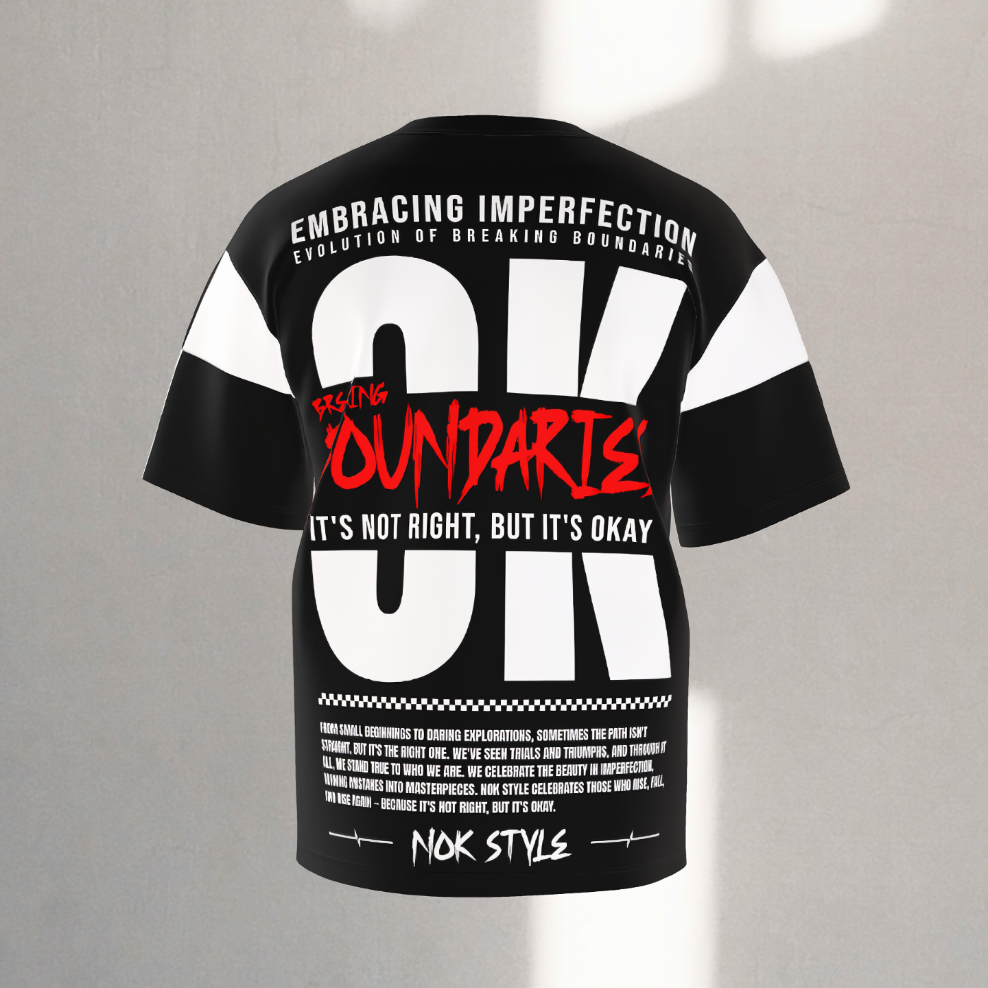 Back view of NOK Style "It's Not Right, But It's Okay" T-shirt, featuring bold white and red typography with the message "Breaking Boundaries, It's Not Right, But It's Okay.