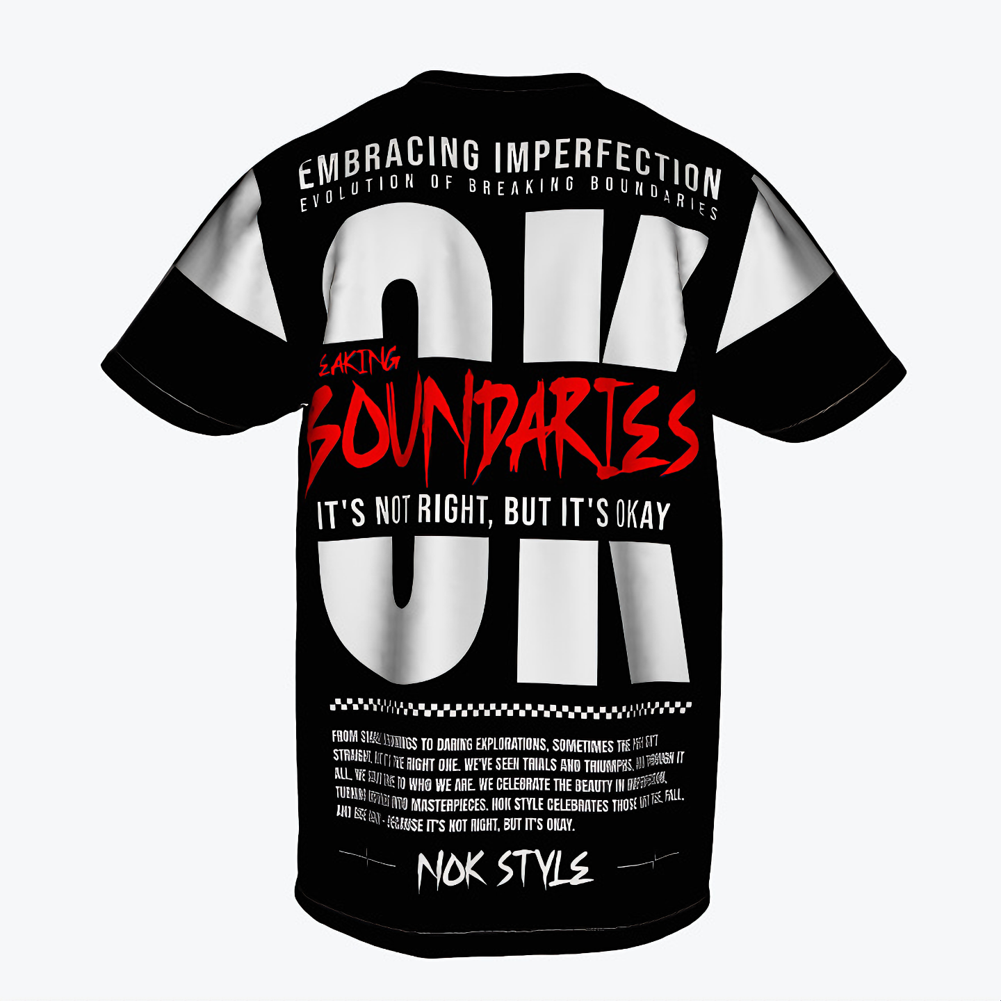 Front view of NOK Style "It's Not Right, But It's Okay" T-shirt, featuring simple black design with white accents on sleeves.