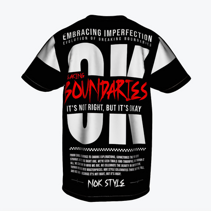 Front view of NOK Style "It's Not Right, But It's Okay" T-shirt, featuring simple black design with white accents on sleeves.