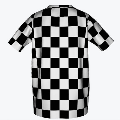 NOK Style Kids' Bold Checkerboard T-Shirt with Red NOK Logo – black and white checkerboard pattern with a striking red NOK logo, designed for active and stylish kids.