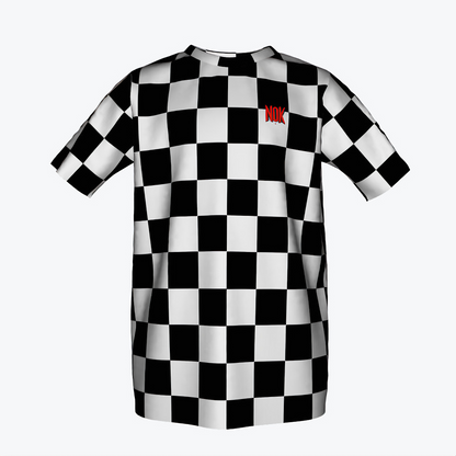 NOK Style Kids' Classic Checkerboard T-Shirt with Red Logo - featuring a black and white checkerboard pattern and a striking red NOK logo. Ideal for stylish and active kids.