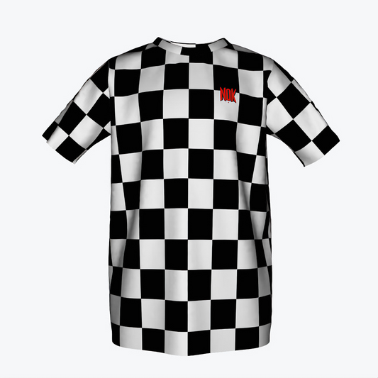 NOK Style Kids' Classic Checkerboard T-Shirt with Red Logo - featuring a black and white checkerboard pattern and a striking red NOK logo. Ideal for stylish and active kids.