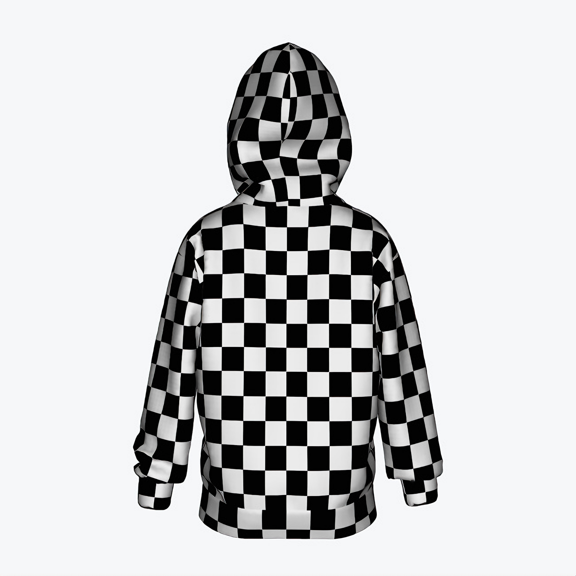 Kids' black-and-white checkerboard hoodie with all-over print design, by NOK Style, back view.