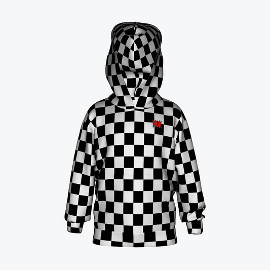 Kids' black-and-white checkerboard hoodie with all-over print design, by NOK Style, front view.