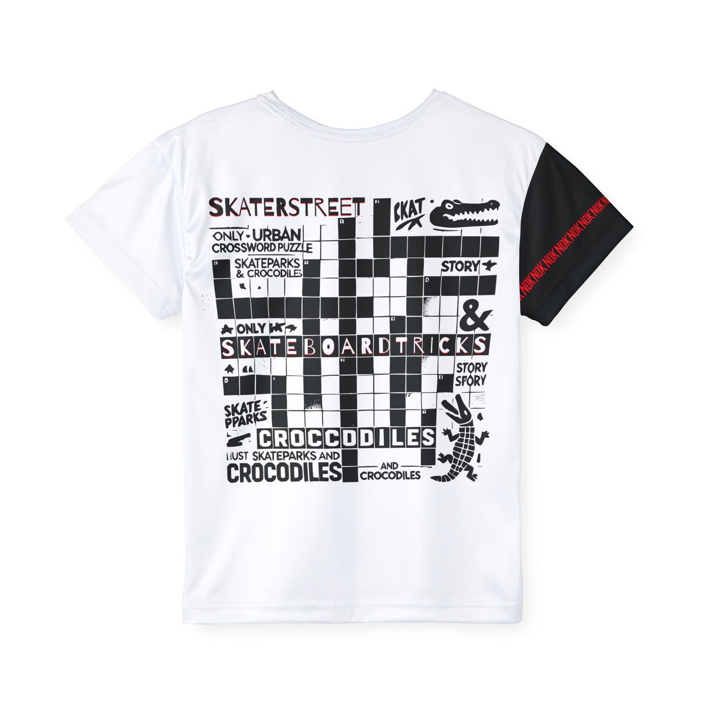 Back view of NOK Style Kids Crossword Puzzle T-Shirt with fun crossword design featuring skateboarding and crocodiles