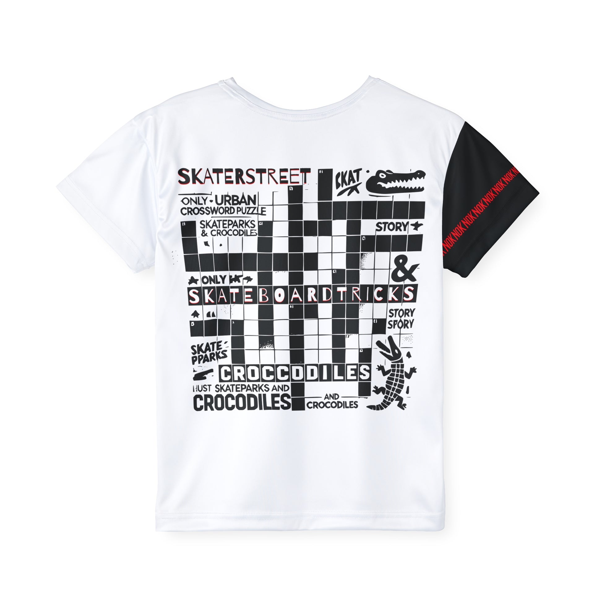 Back view of NOK Style Kids Crossword Puzzle T-Shirt with fun crossword design featuring skateboarding and crocodiles