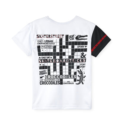Back view of NOK Style Kids Crossword Puzzle T-Shirt with fun crossword design featuring skateboarding and crocodiles