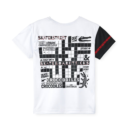 Back view of NOK Style Kids Crossword Puzzle T-Shirt with fun crossword design featuring skateboarding and crocodiles