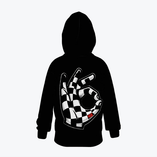 Kids' hoodie with a black background featuring a large checkerboard OK hand gesture design and NOK branding.