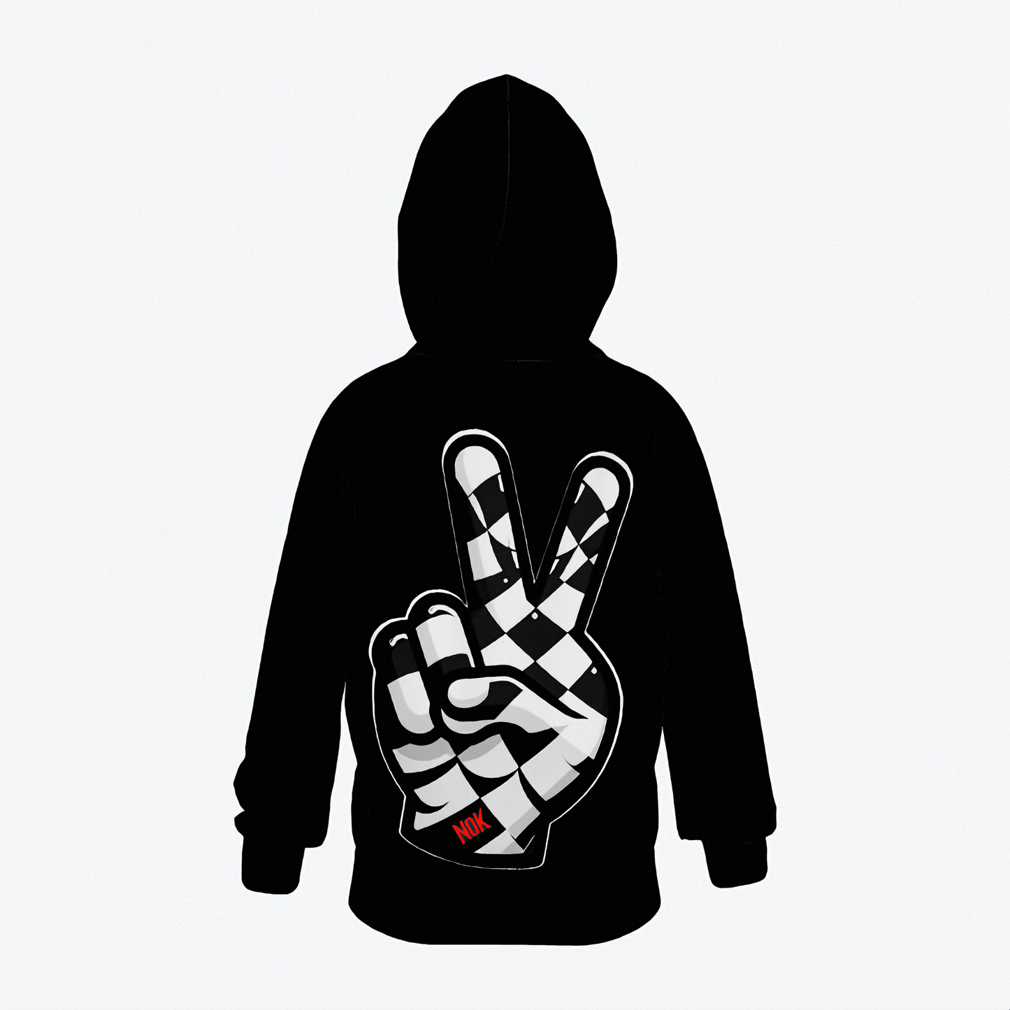 Kids black hoodie with a checkerboard peace sign gesture graphic and NOK branding.