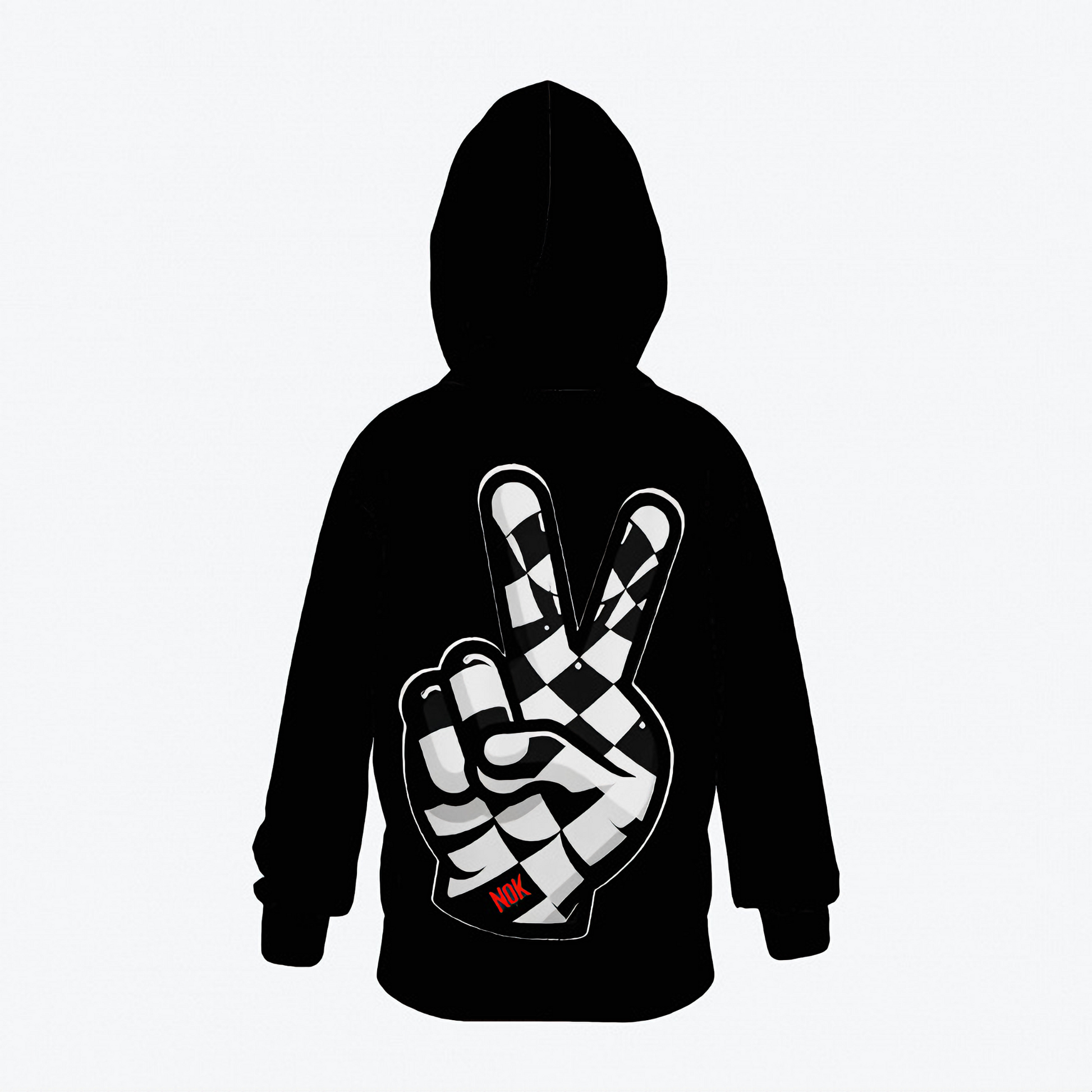 Kids black hoodie with a checkerboard peace sign gesture graphic and NOK branding.