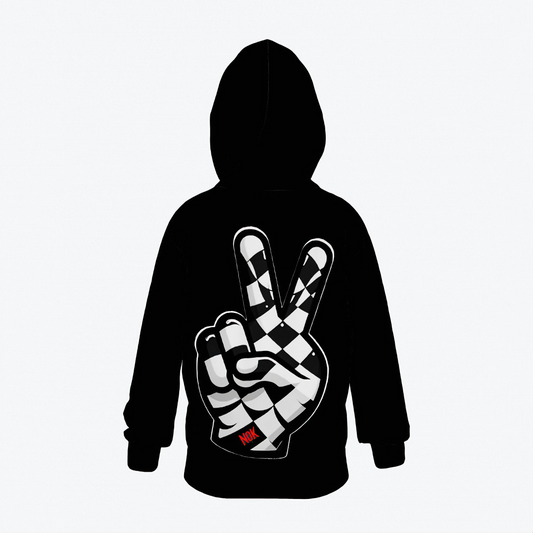 Kids black hoodie with a checkerboard peace sign gesture graphic and NOK branding.