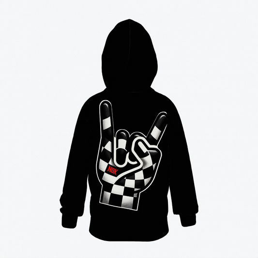 Kids black hoodie with a checkerboard rock hand gesture graphic and NOK branding.