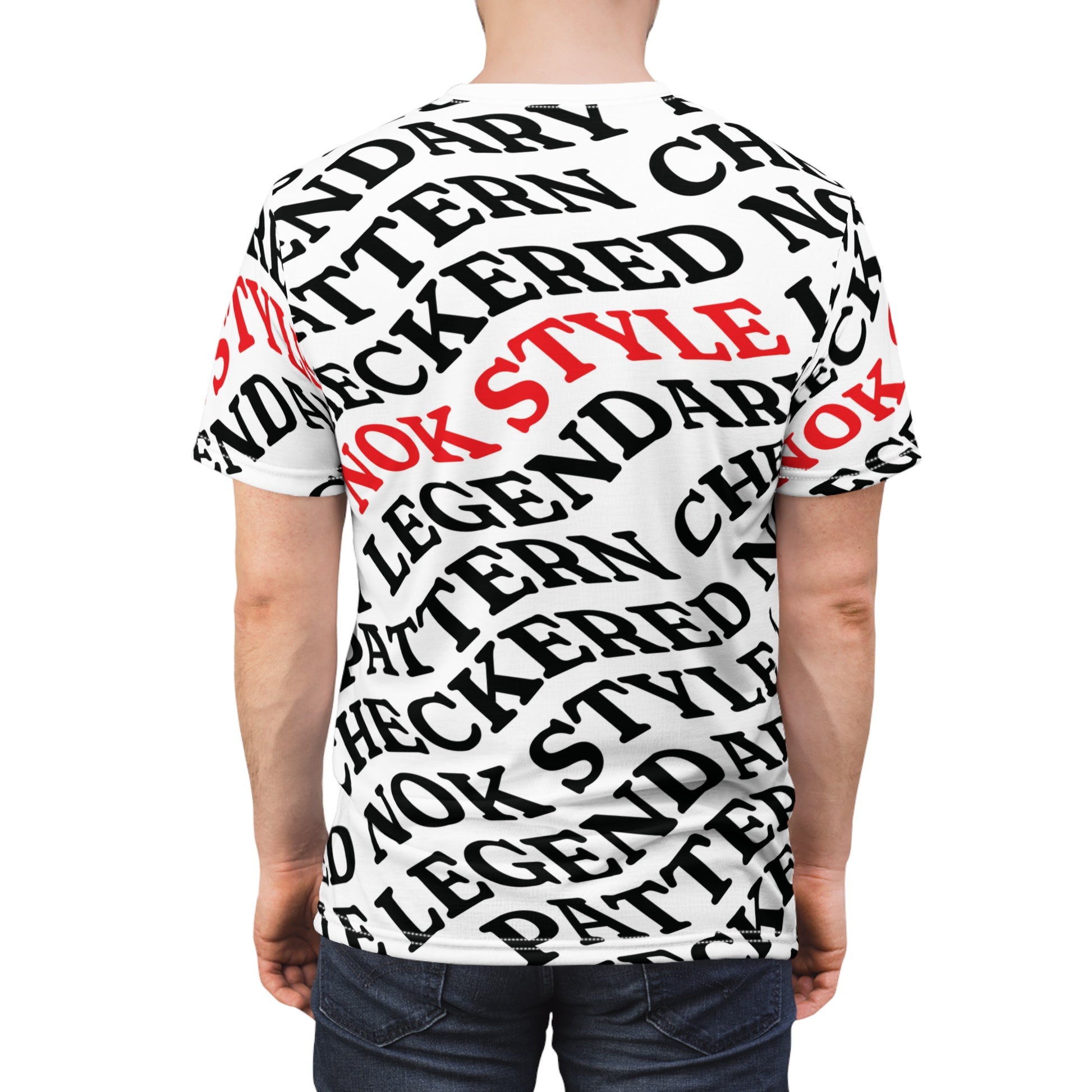 On-model back view of the NOKSTYLE Checkered Legends adult t-shirt with stylish text details.