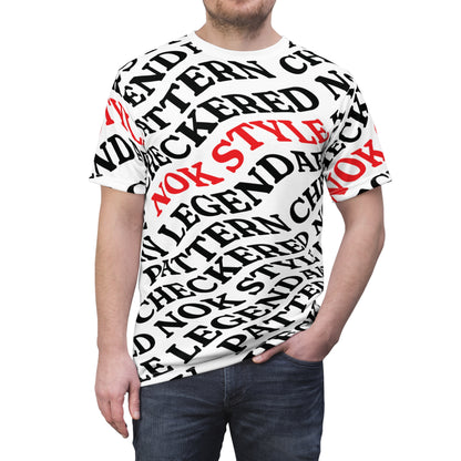 On-model front view of the NOKSTYLE Checkered Legends adult t-shirt with its bold and modern checkered pattern design.