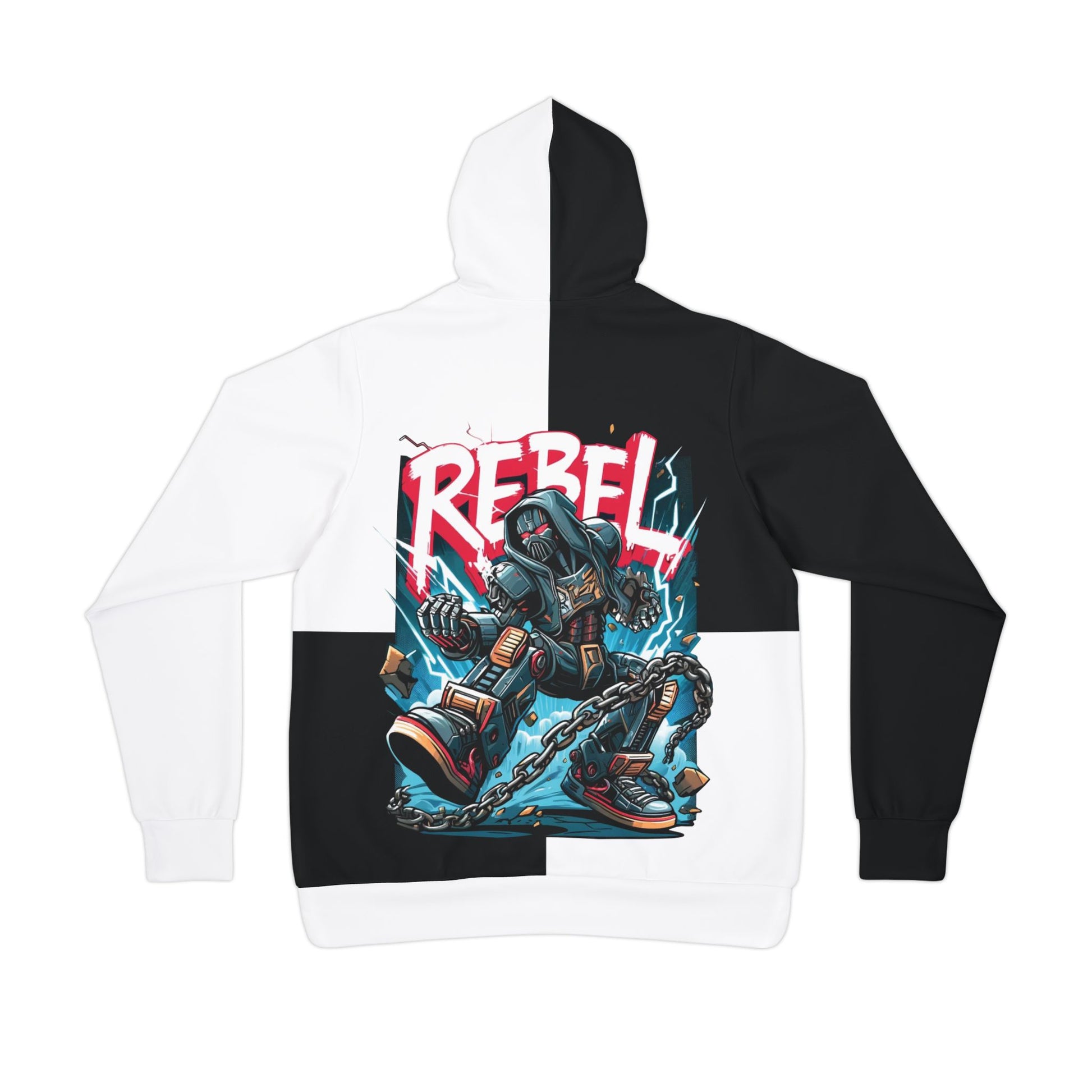 Back view of the Rebel hoodie featuring bold "Rebel" graphic design with a figure breaking chains.