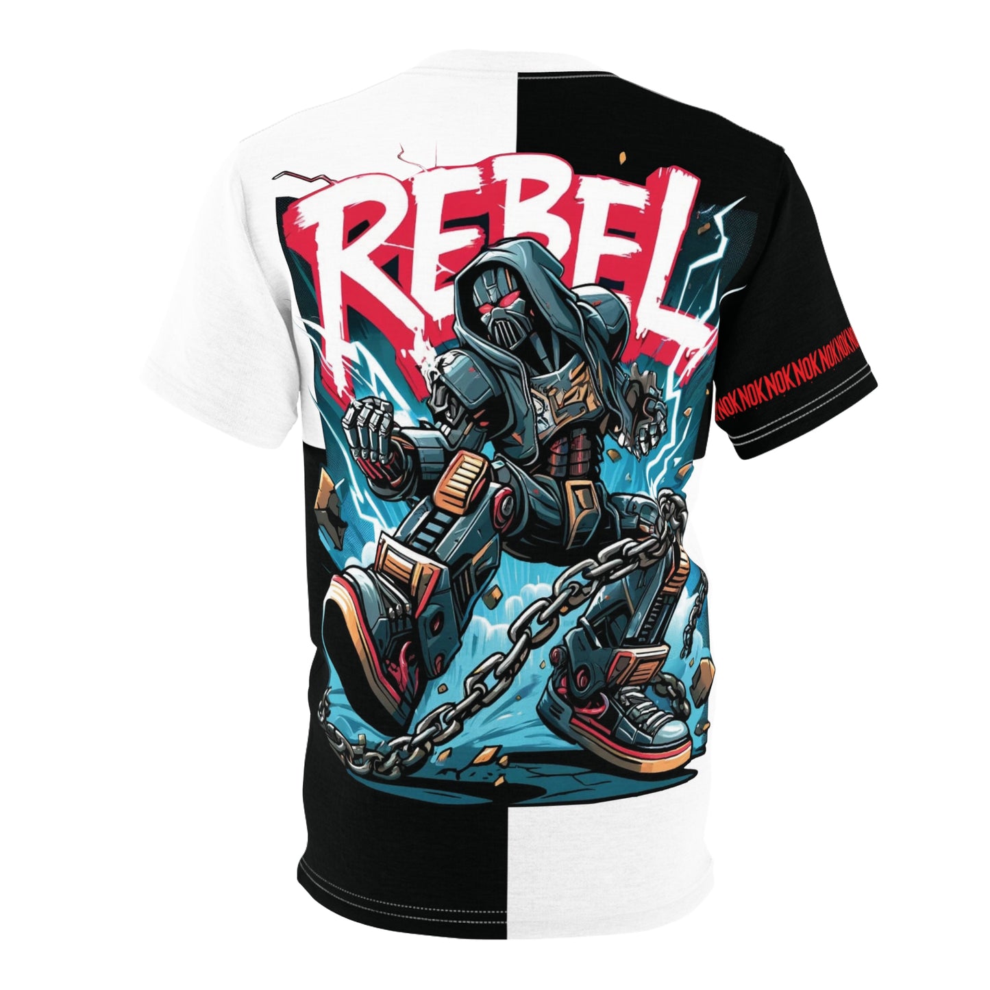 Back view of NOK's Rebel T-shirt featuring bold rebel graphic