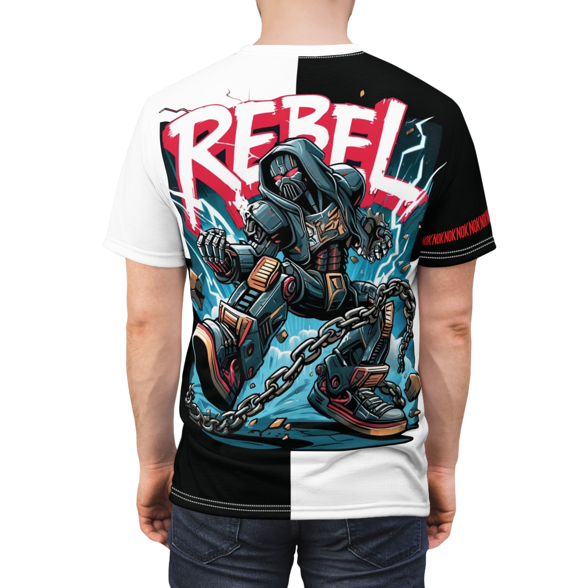 Person wearing NOK's Rebel T-shirt back view with bold graphic