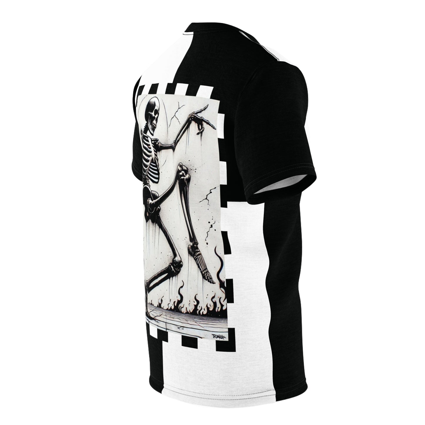Right side of NOK Style's Skeleton Step T-Shirt for adults featuring bold black and white style.