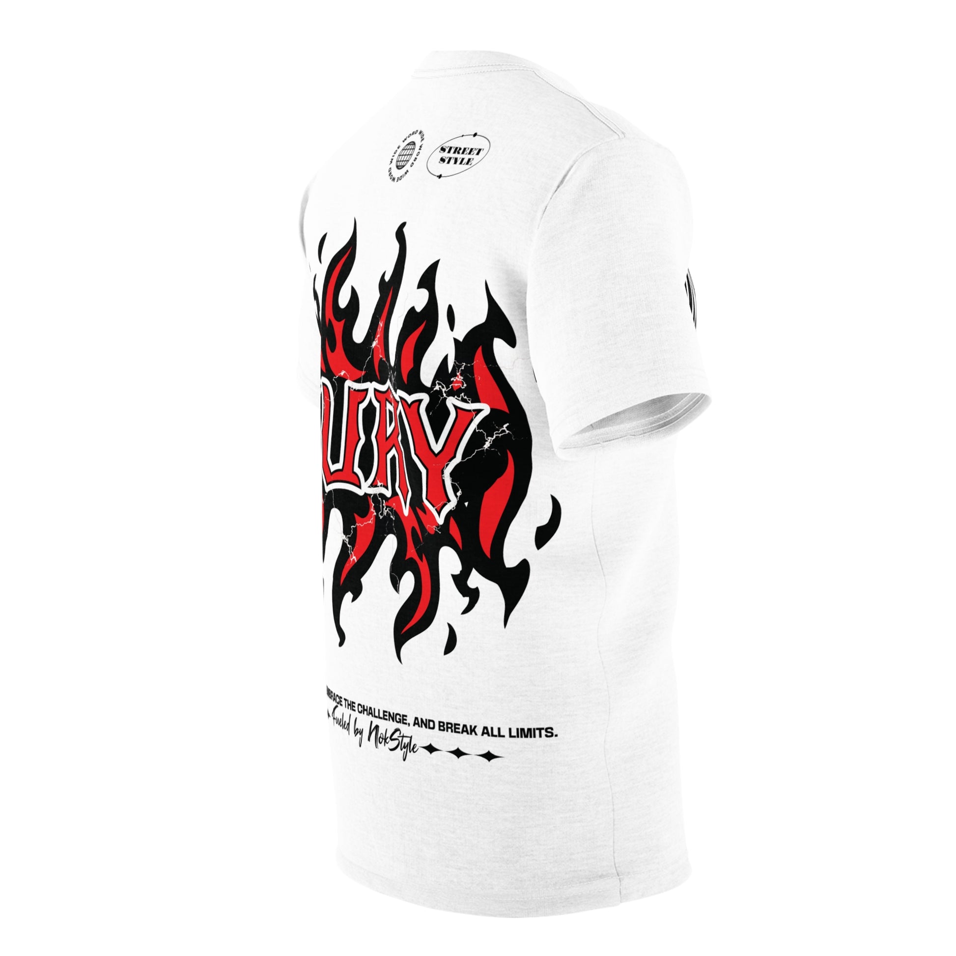 Right side view of FURY T-shirt for adults with flame design details.
