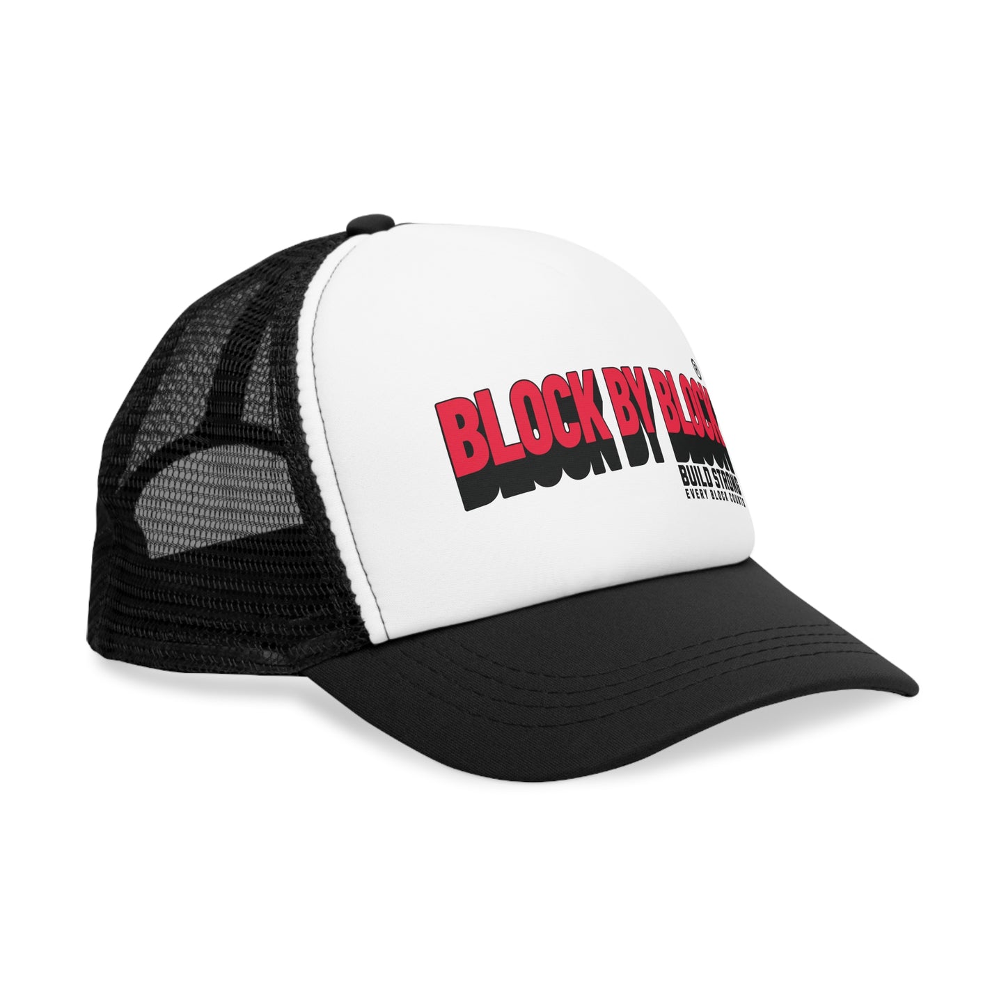 Side view of the Block by Block trucker cap featuring a curved bill and bold red lettering, perfect for casual and urban looks.