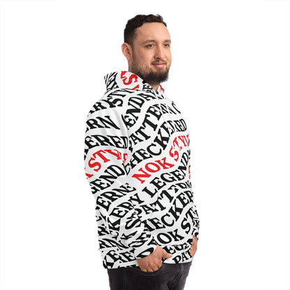 A side view of the NOK STYLE hoodie, highlighting the flowing checkered pattern and stylish red NOK branding.