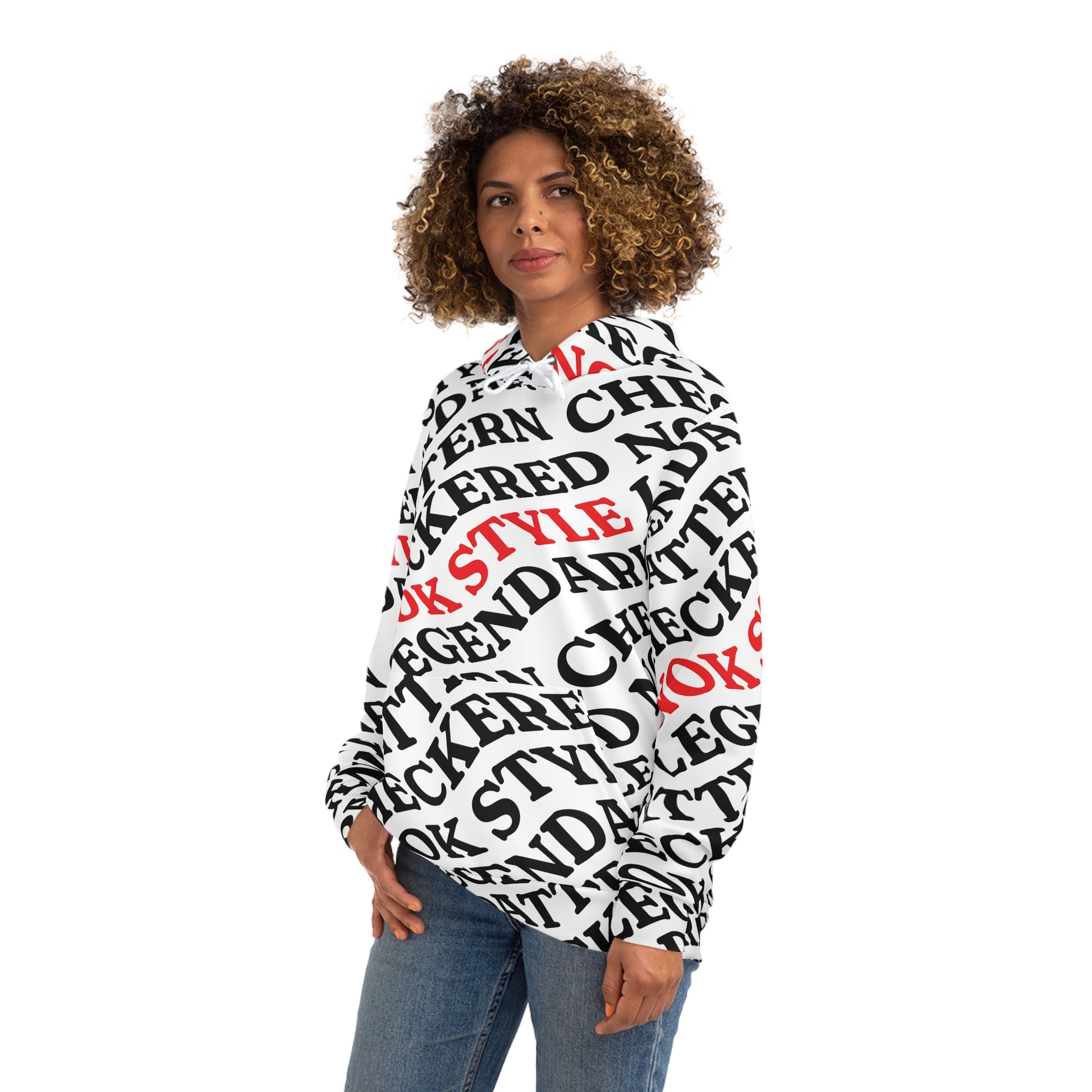 A side view of the NOK STYLE hoodie, highlighting the flowing checkered pattern and stylish red NOK branding.