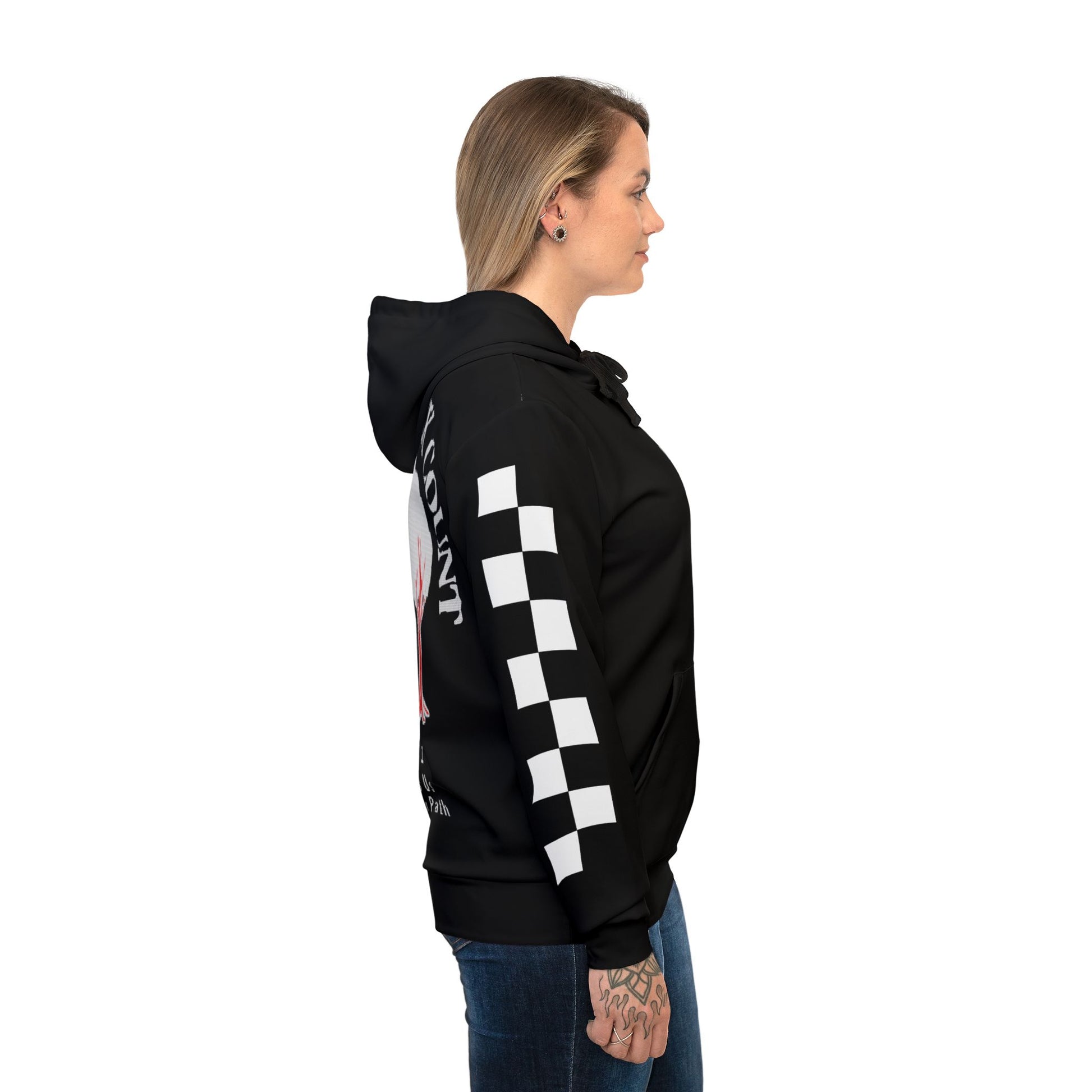 Side profile of Every Block Count hoodie, featuring black fabric, white checkered sleeve, and bold NOK Style design.