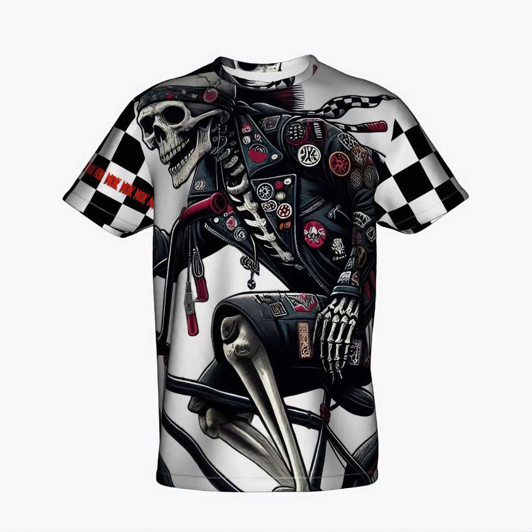 Skeleton BMX rider graphic on adult t-shirt, featuring a detailed design with checkerboard sleeves and intricate artwork. NOK STYLE