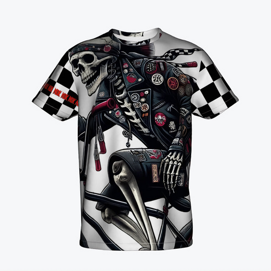 Skeleton BMX rider graphic on adult t-shirt, featuring a detailed design with checkerboard sleeves and intricate artwork. NOK STYLE