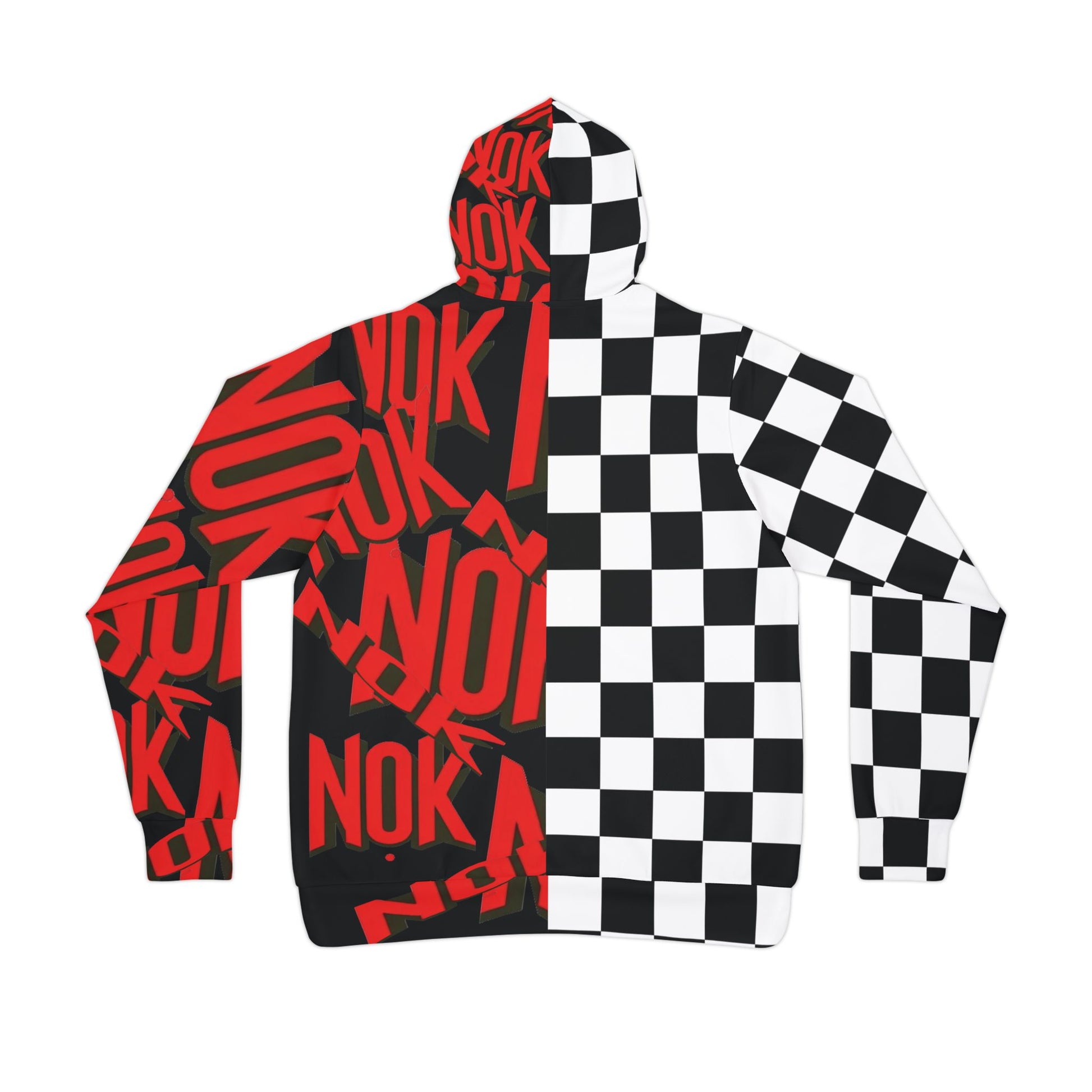 Back view of a stylish hoodie showcasing a contrasting design with a checkered pattern on one half and a dynamic red NOK typography on the other.