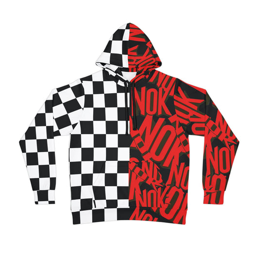 Front view of a bold split design hoodie featuring a black and white checkered pattern on one side and a vibrant red NOK typography pattern on the other.