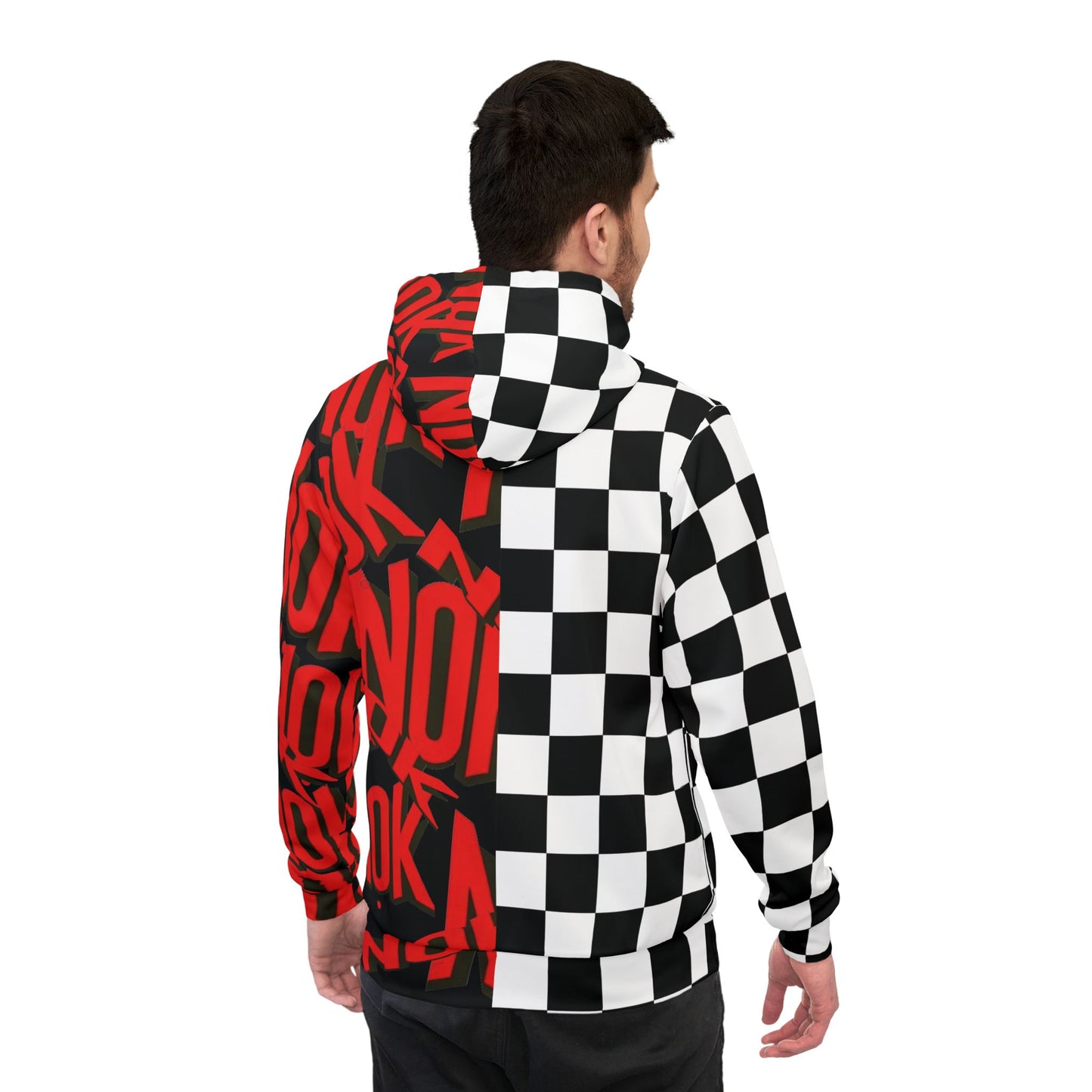 Back view of a person wearing a hoodie with a striking split design: black and white checkered on one side and bold red NOK typography on the other.