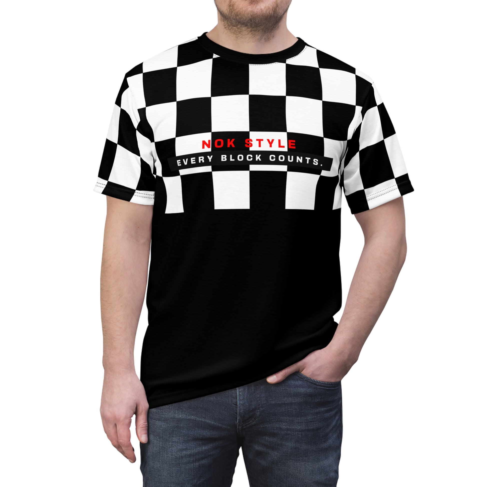 Model wearing the Checkered Victory T-shirt from the front, featuring NOK STYLE branding with the slogan 'Every Block Counts' in black and red on a checkered upper half.