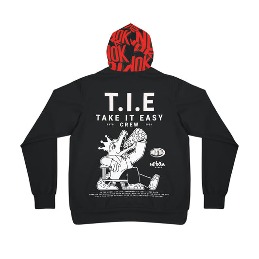 Black adults' hoodie with "Take It Easy" graphic and red NOK logo hood.