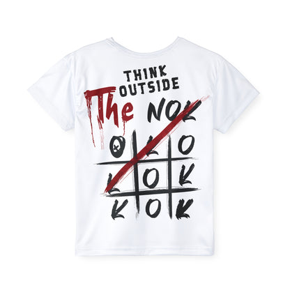 Back view of NOKSTYLE kids' t-shirt featuring Think Outside design