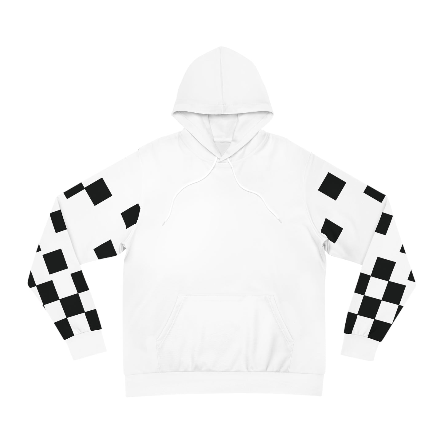 Flat lay of a white unisex hoodie with bold black checkered sleeve patterns and a clean front design.