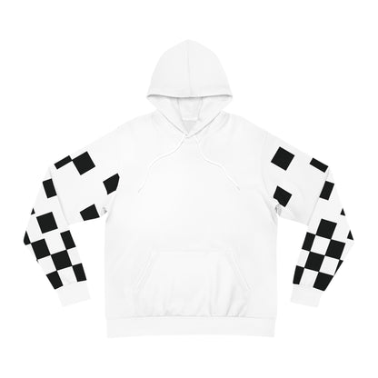 Flat lay of a white unisex hoodie with bold black checkered sleeve patterns and a clean front design.