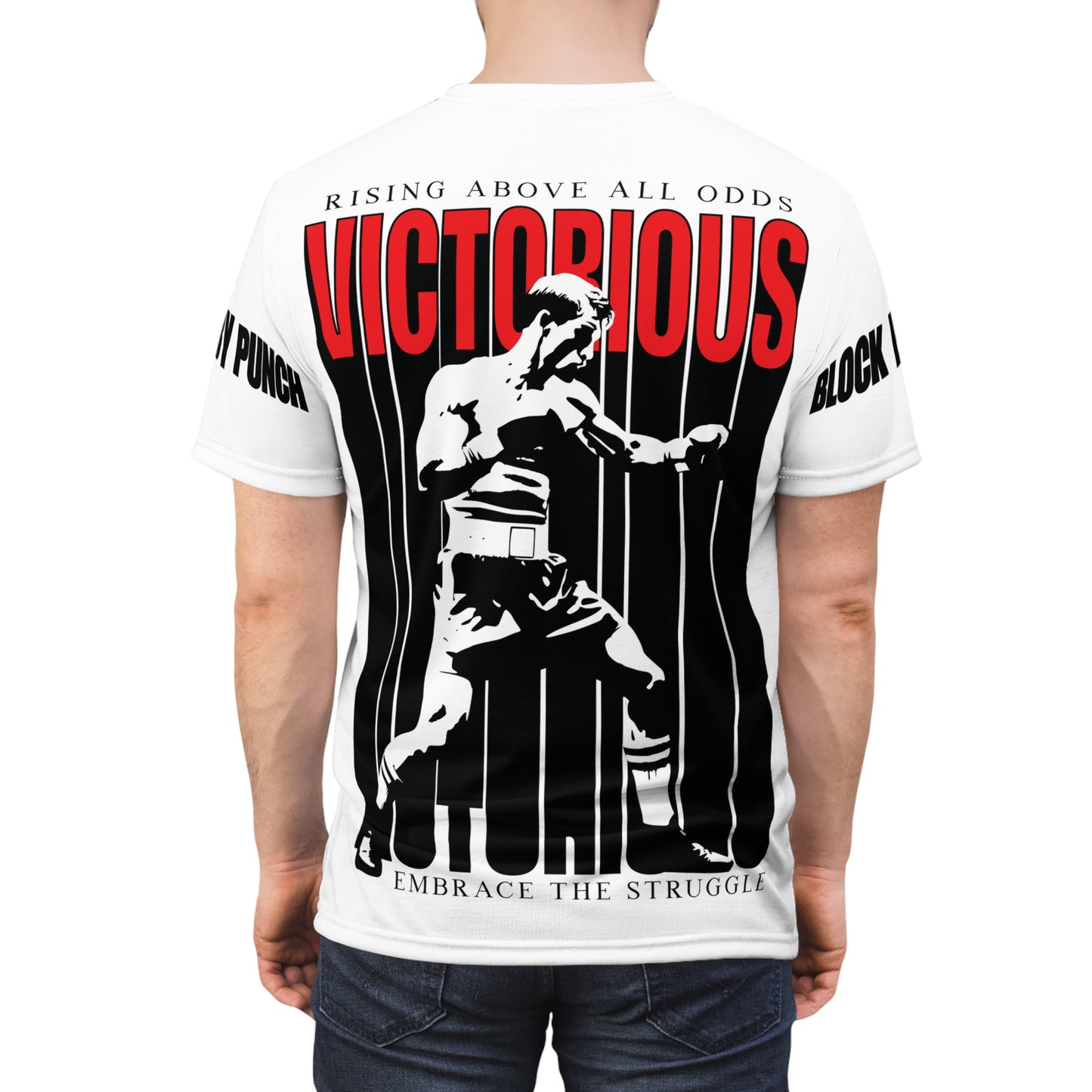 Model showcasing the back of the 'Victorious' boxing graphic tee, featuring bold text and a boxer illustration. Perfect for champions rising above all odds.