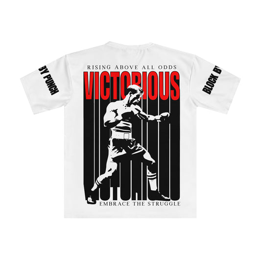 Flat lay of the 'Victorious' tee's back design, featuring a powerful boxer graphic and motivational text in bold red and black tones.