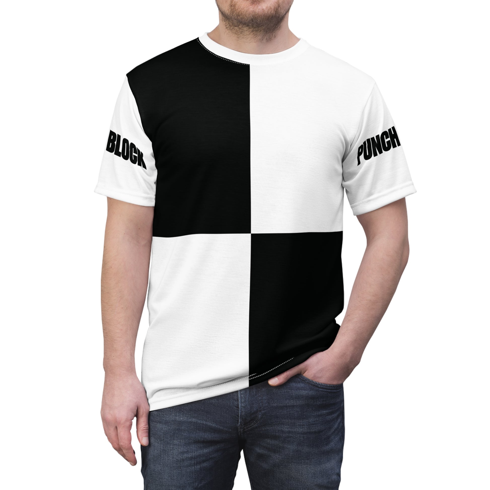 Front view of the 'Victorious' boxing graphic tee on a model, styled with a black and white checkered pattern for bold statements.