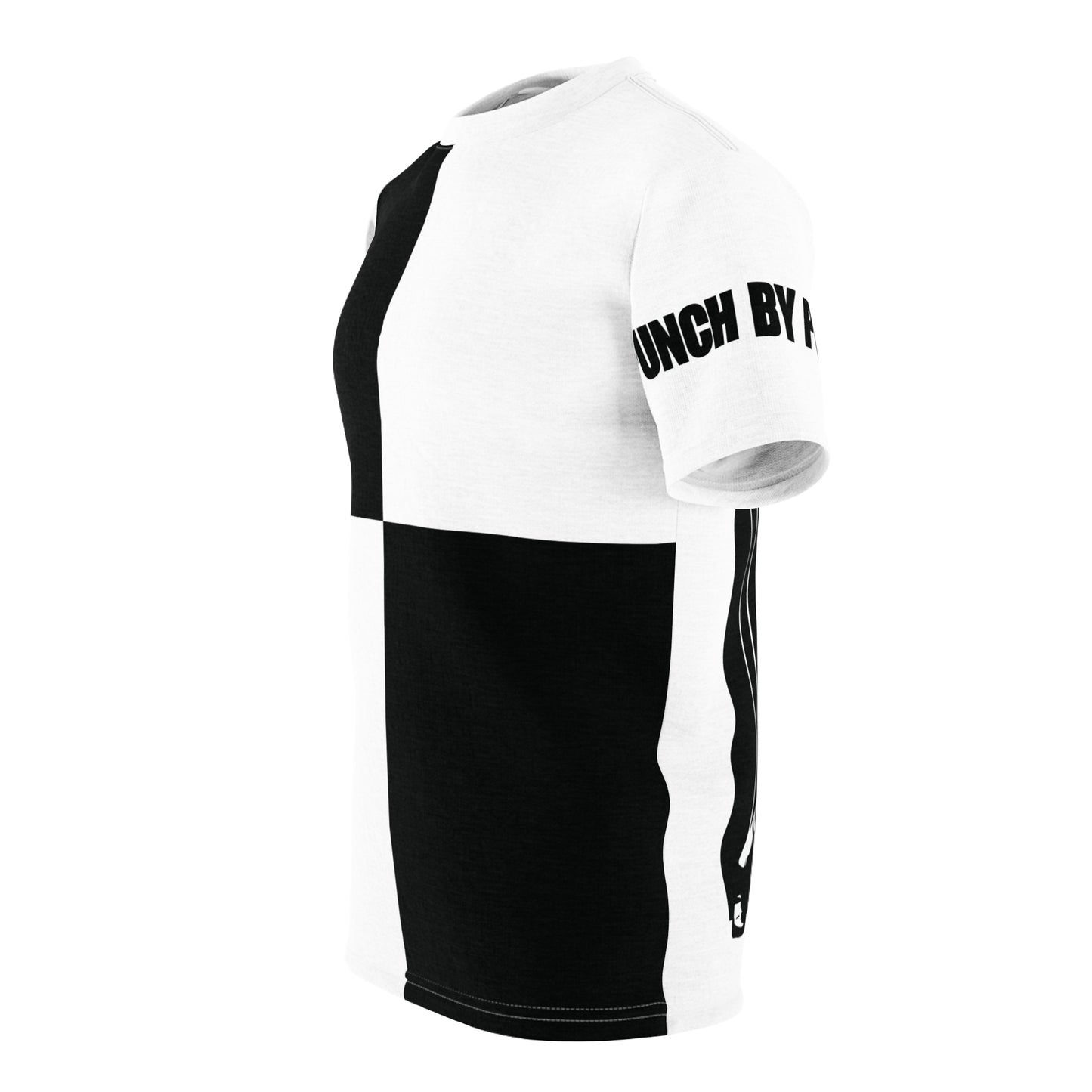 Left side view of the 'Victorious' tee, combining minimalist black-and-white patterns with empowering sleeve text.