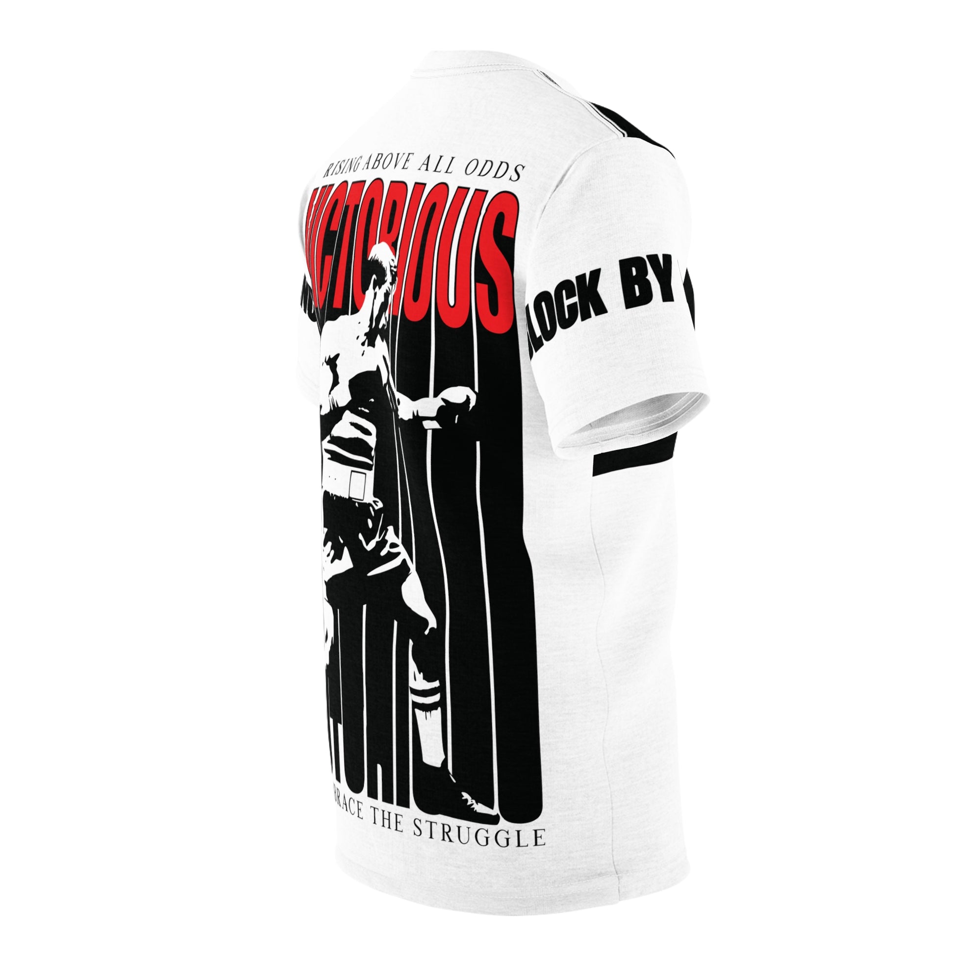 Right side view of the 'Victorious' boxing tee highlighting dynamic text on the sleeves and a striking boxing graphic on the back.