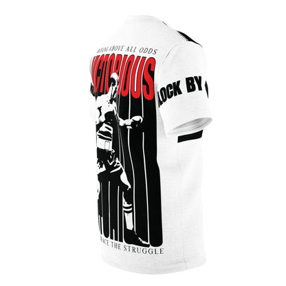 Right side view of the 'Victorious' boxing tee highlighting dynamic text on the sleeves and a striking boxing graphic on the back.